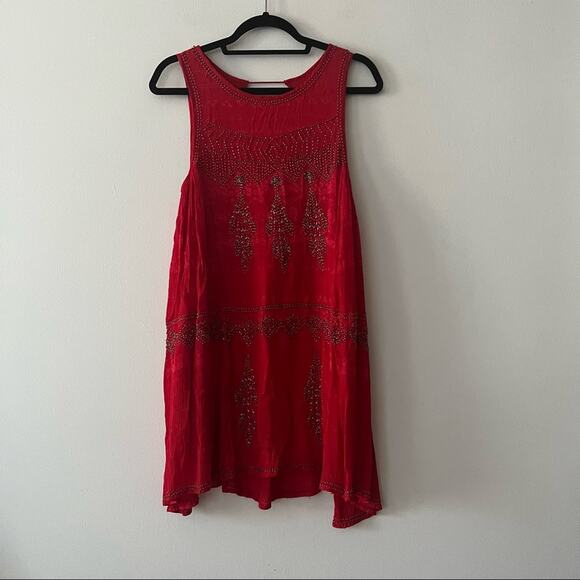 Free People Red Beaded Sleeveless Swing Dress - Picture 3 of 9
